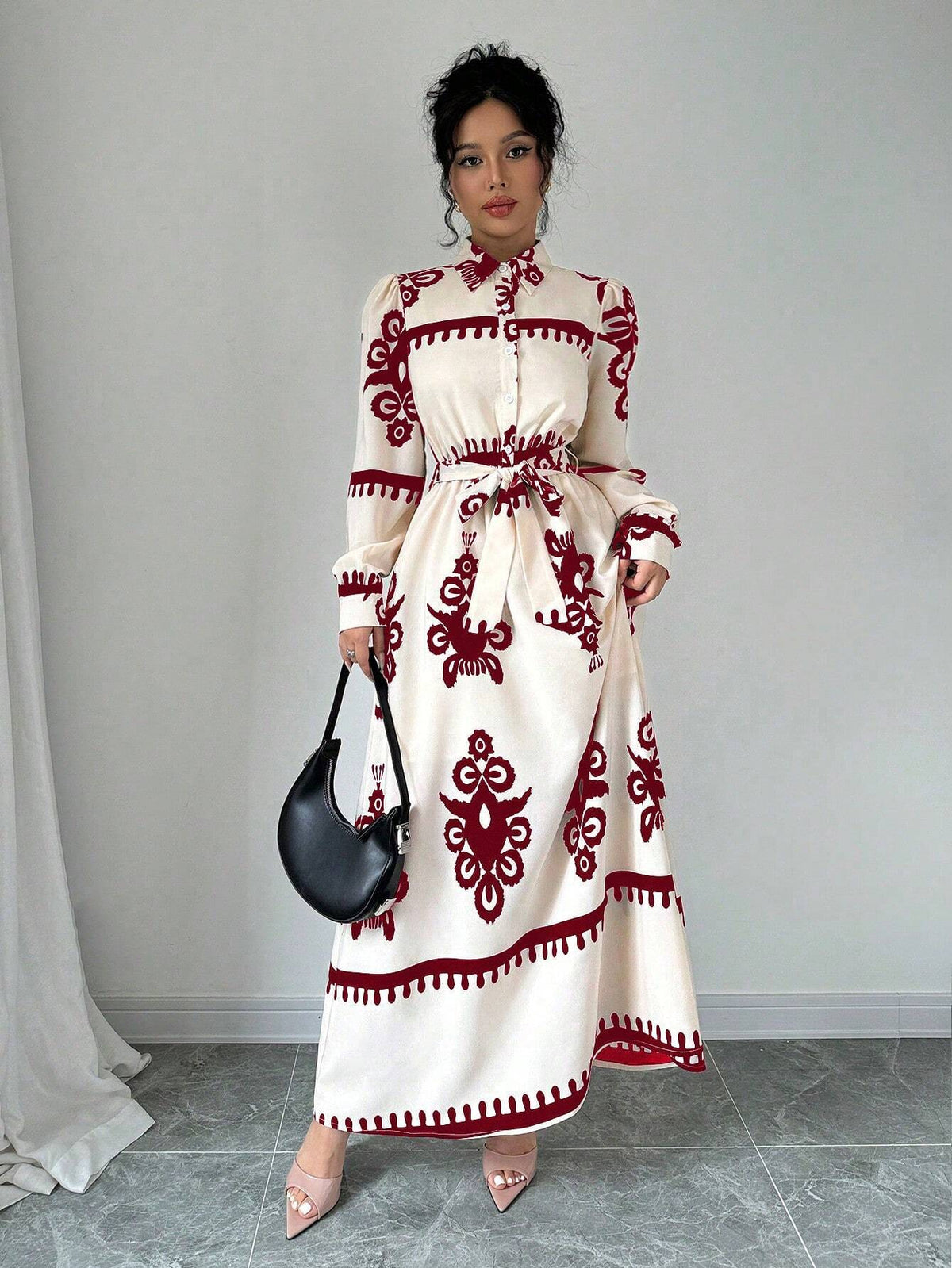 Actual Shot of 2025 New Autumn and Winter Foreign Trade Cross-Border European and American Printed Strap Shirt Long-Sleeved Long Dress