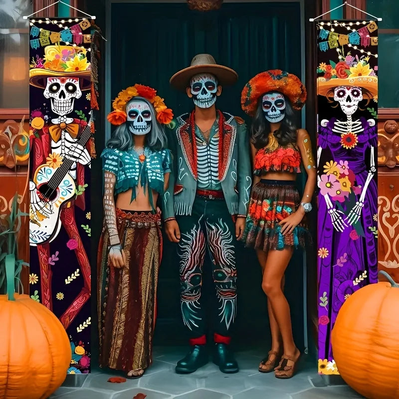 2D Halloween door decoration set, hanging skull decoration, festival horror theme, Mexican Day of the Dead party