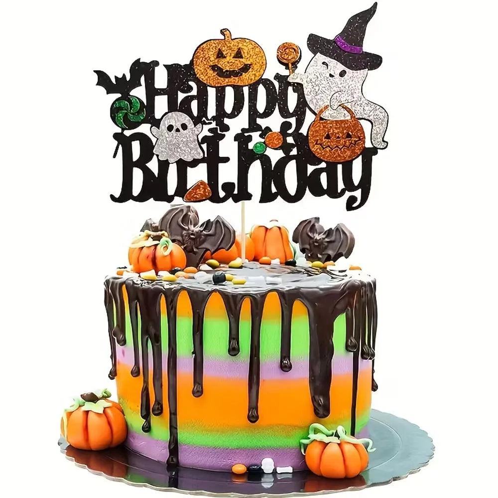 1/3 Halloween Cake Decoration - Spooky Birthday Party Decoration with "Happy Birthday" Text, Glittering Pumpkin, Bat - Wooden Ca