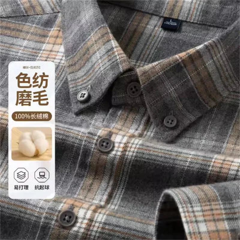 100% Cotton Men's Flannel Shirt Plaid Long Sleeve Casual Multi-Color Gold Quality Comfort Soft Daily Home New Fashion Thick Top
