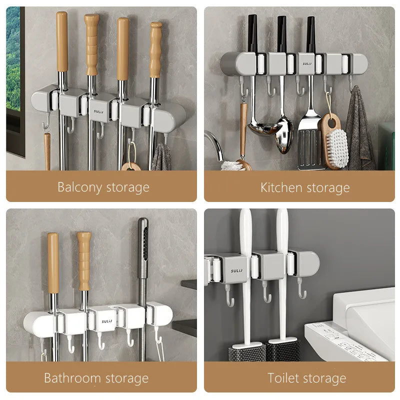 Wall-Mounted Broom Holder, PS Mop Hanger with Storage Shelf Design, Traceless Hanging Organizer in White or Gray - product view 6