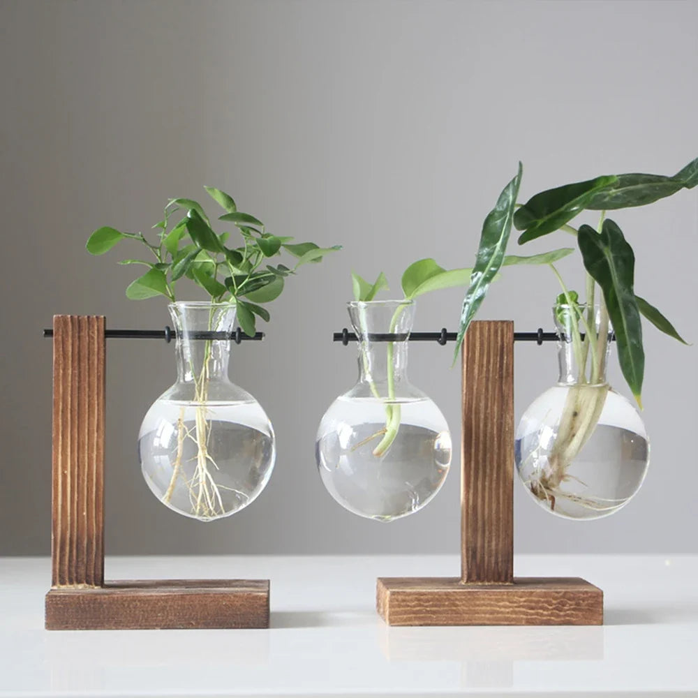Glass Table Centerpiece Planter Vase with Solid Wood Stand, Mini Bulb Shape, 13.5–19.5 cm Desktop Home Décor - product view 6