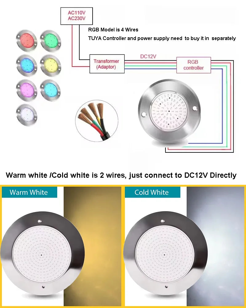 LED Pool Light, 12V DC Stainless Steel Underwater Lamp, RGB, Warm White or Cold White for Swimming Pools - product view 6