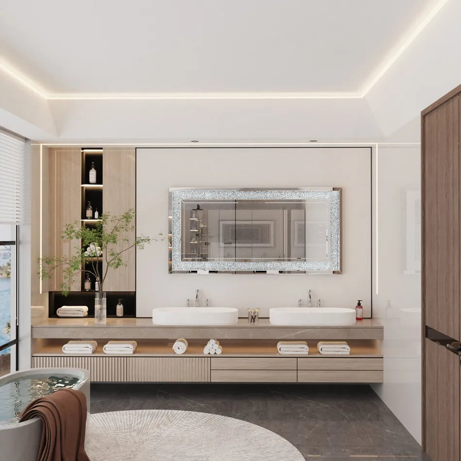 Large Silver Framed Bathroom Mirror, 5 mm HD Glass, Crystal Rhinestone Border, 120 x 60 cm Wall Decor - product view 6