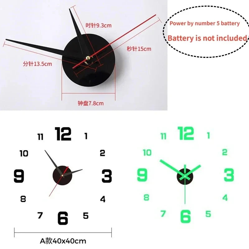 DIY 40cm Acrylic Frameless Wall Clock, Large 3D Numbers, Self-Adhesive Installation, Glow-in-the-Dark Green Option - product view 6