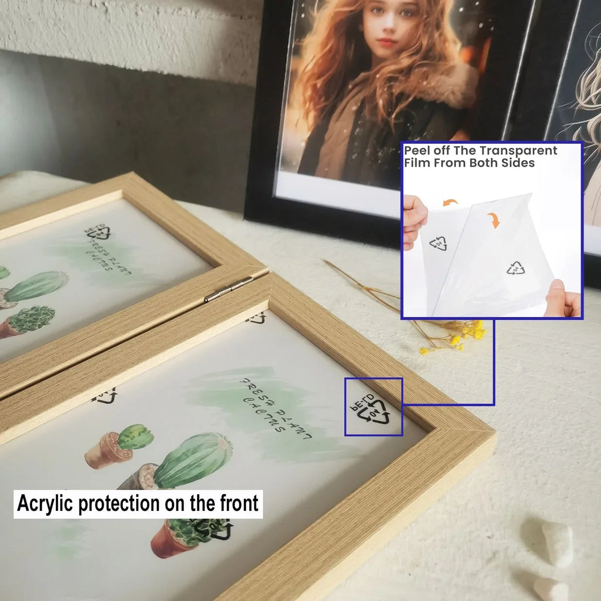 Wooden Double Photo Frame, Foldable Hinged 10 x 15 cm Collage Display, Modern Rectangle Frame for Desk and Shelf Décor - product view 6