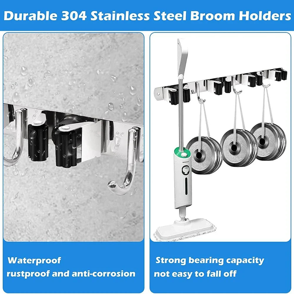 Stainless Steel Mop and Broom Holder, Wall Mounted 5-Clip Organizer, Waterproof L Size for Garage, Bathroom, Kitchen and Garden - product view 6