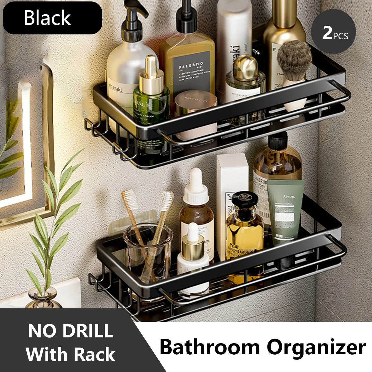 Wall-Mounted Bathroom Shelf, Space Aluminum Shower Storage Rack, Single-Tier Design with Black, Silver, Gray or White Options - product view 6