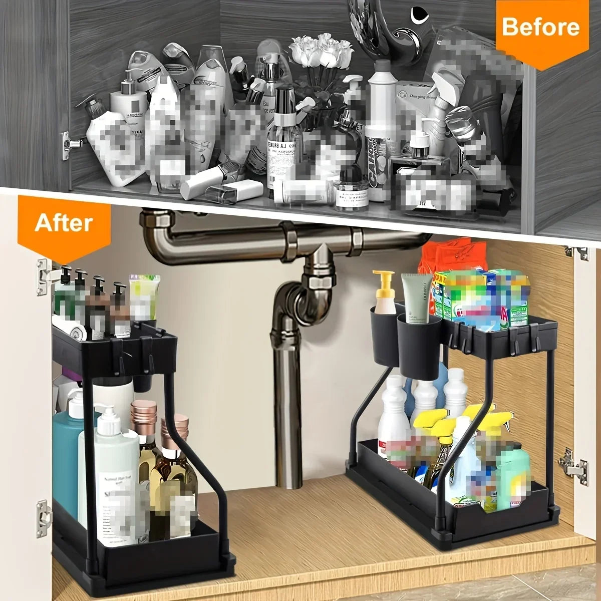 2-Tier Pull-Out Pantry Organizer, R-Shaped Space-Saving Storage Drawer for Kitchen and Bathroom Countertops - product view 6