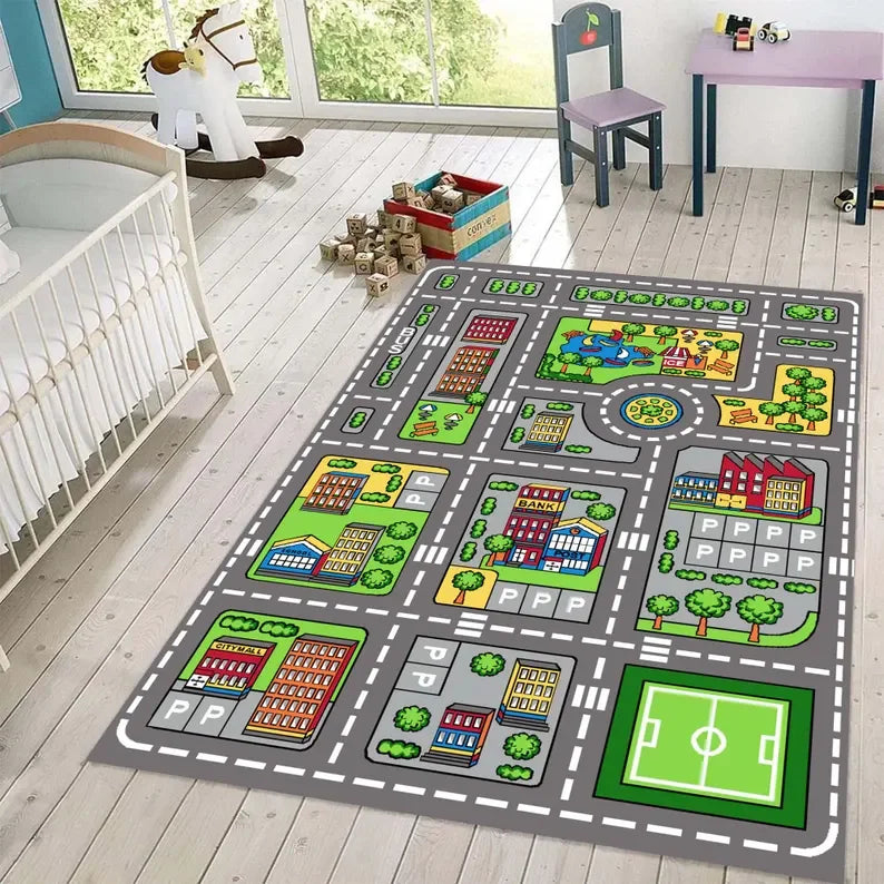 Kids Rug, Rectangular Polyester Playroom Carpet with Non-Slip Bottom, Washable City Map Style, 4 Size Options - product view 6