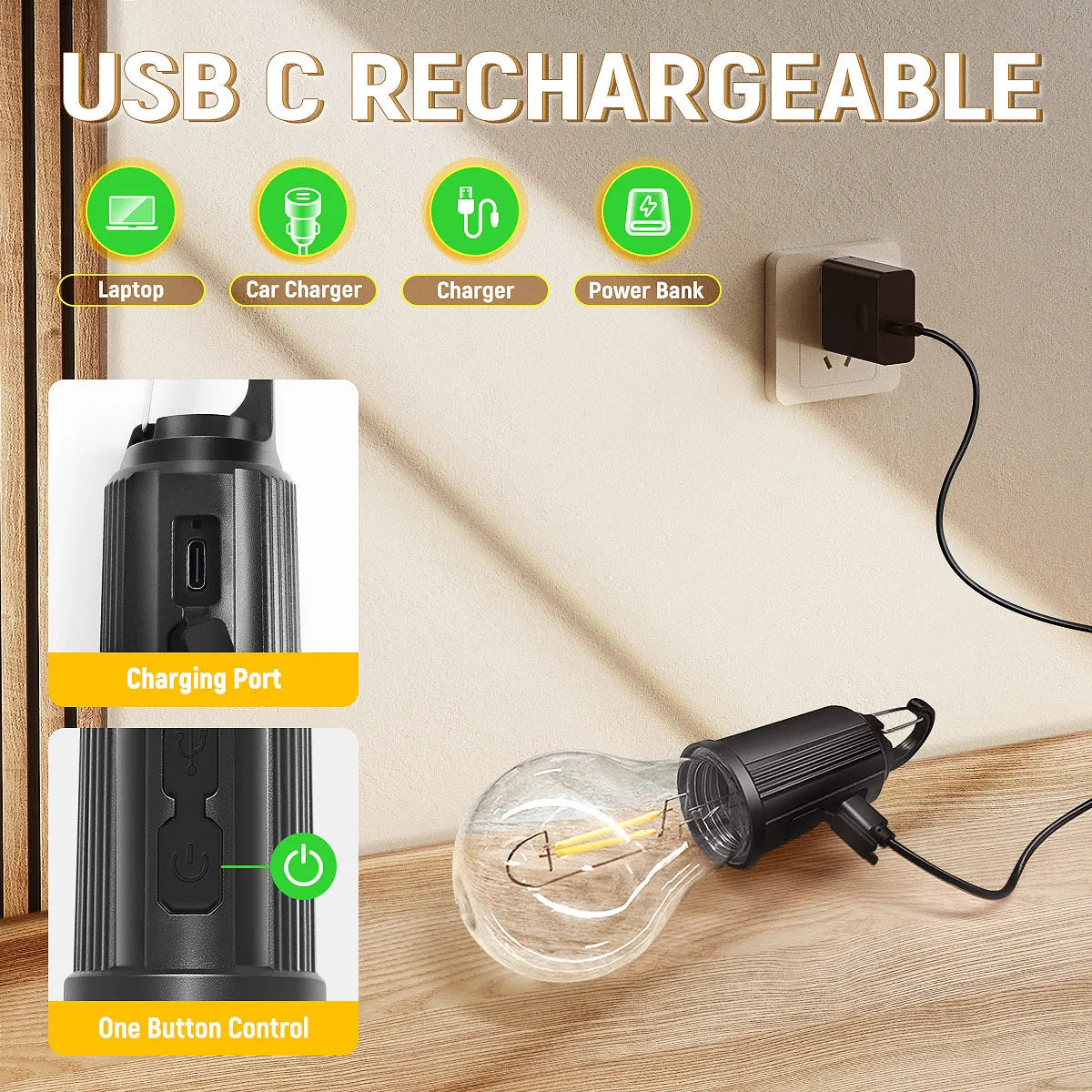 Rechargeable Camping LED Lantern, 3 Brightness Modes, IP65 Waterproof ABS Tent Light with Hook, 1, 2 or 4-Pack - product view 6