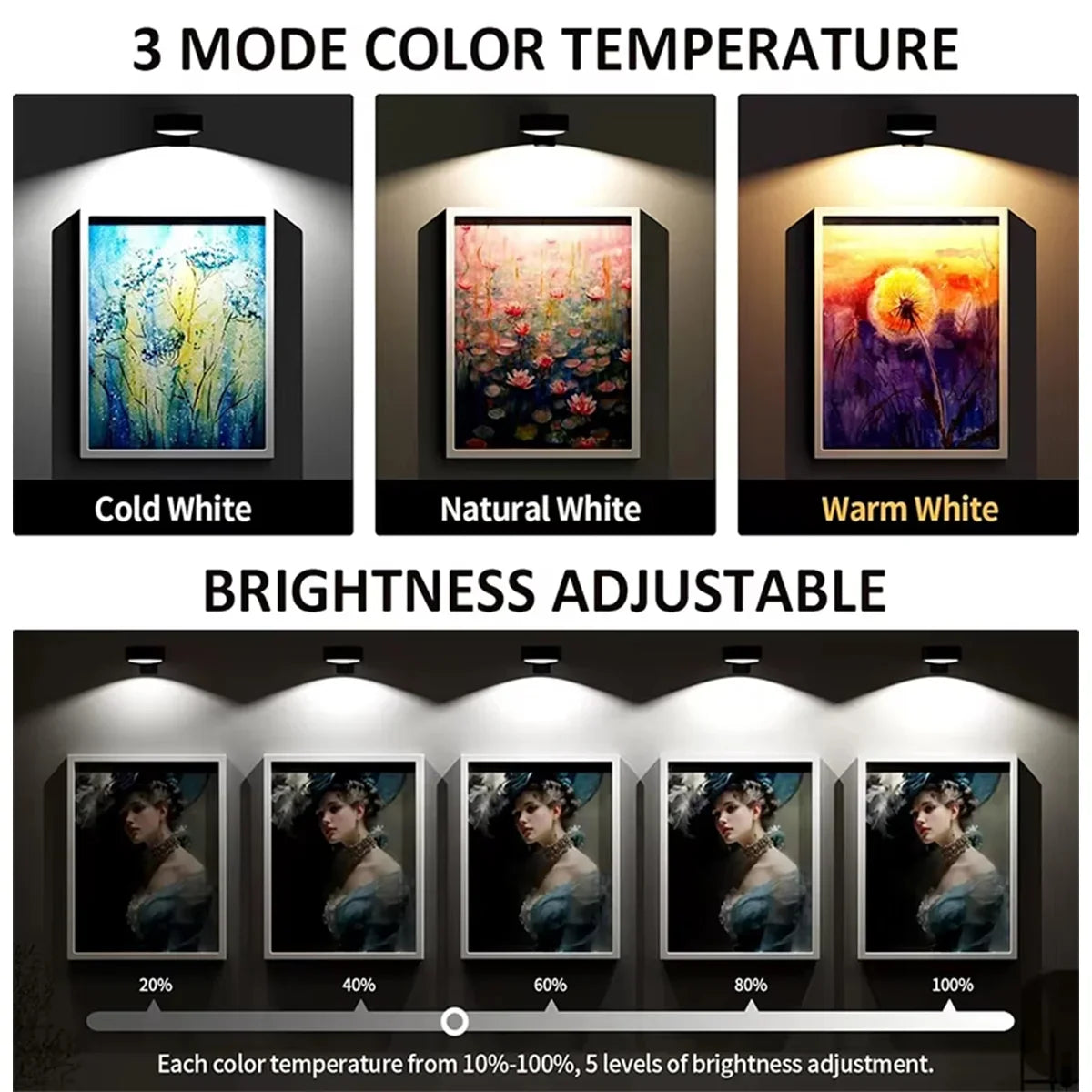 Battery Operated Picture Light, Dimmable LED Art Lamp with Remote and Touch Control, 3 Color Modes, Magnetic Wall Mount - product view 6