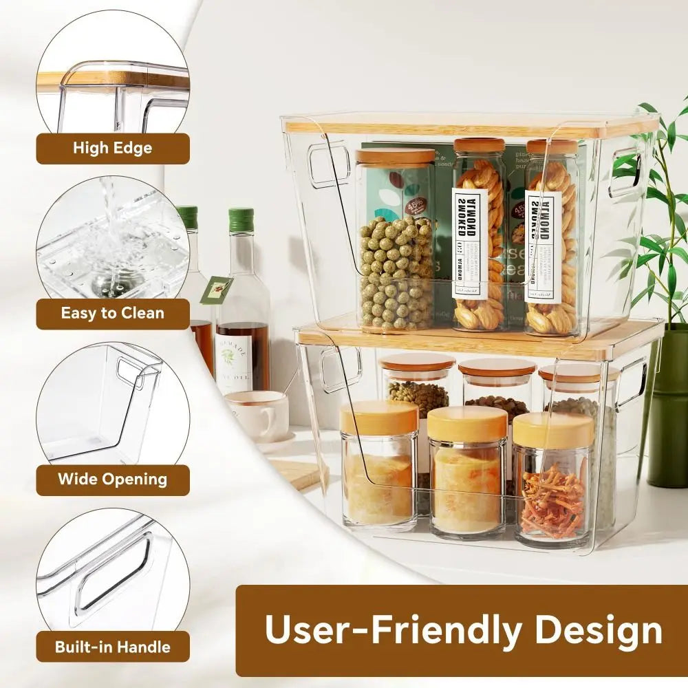 Stackable Pantry Bin with Wooden Lid, Clear PET Produce Storage Organizer, Built-In Handles for Countertops, Cabinets and Under-Sink Spaces - product view 6