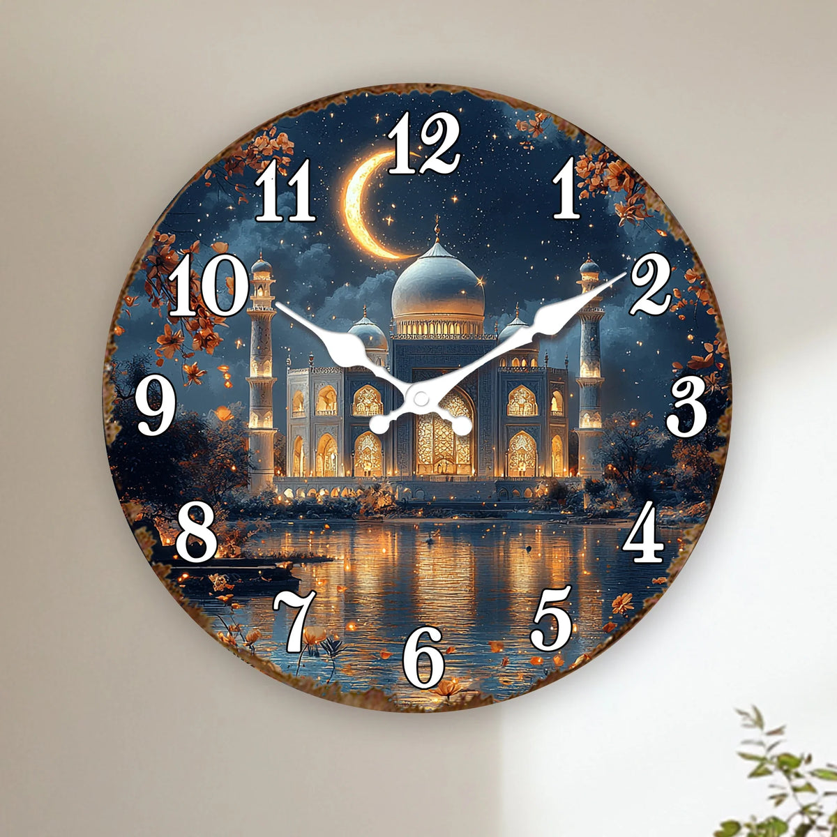 Illuminated Mosque Crescent Moon Wall Clock, Round Islamic Architecture Décor, Decorative Quartz Clock in 10–16 Inch Sizes - product view 6