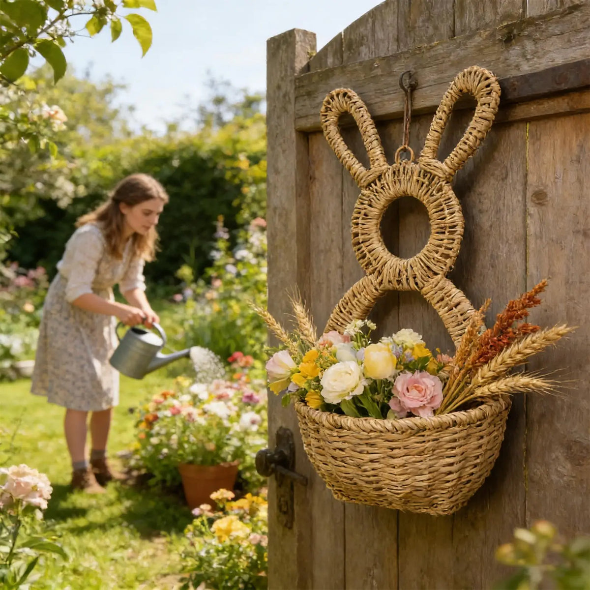 Easter Bunny Wall Basket, Woven Rattan and Bamboo Door Pocket, 41 × 22.5 cm Reusable Spring Decor - product view 6