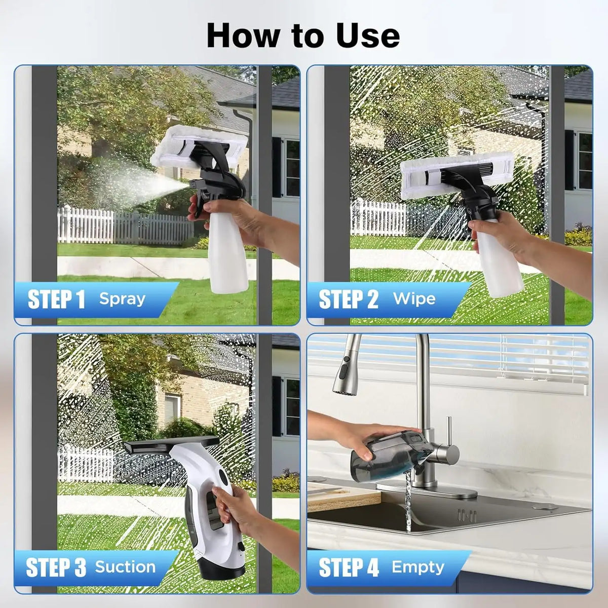 Cordless Window Vacuum Squeegee, 2000Pa Suction, 2200mAh Battery, 150mL Tank, 280mm Blade for Glass and Tiles - product view 6