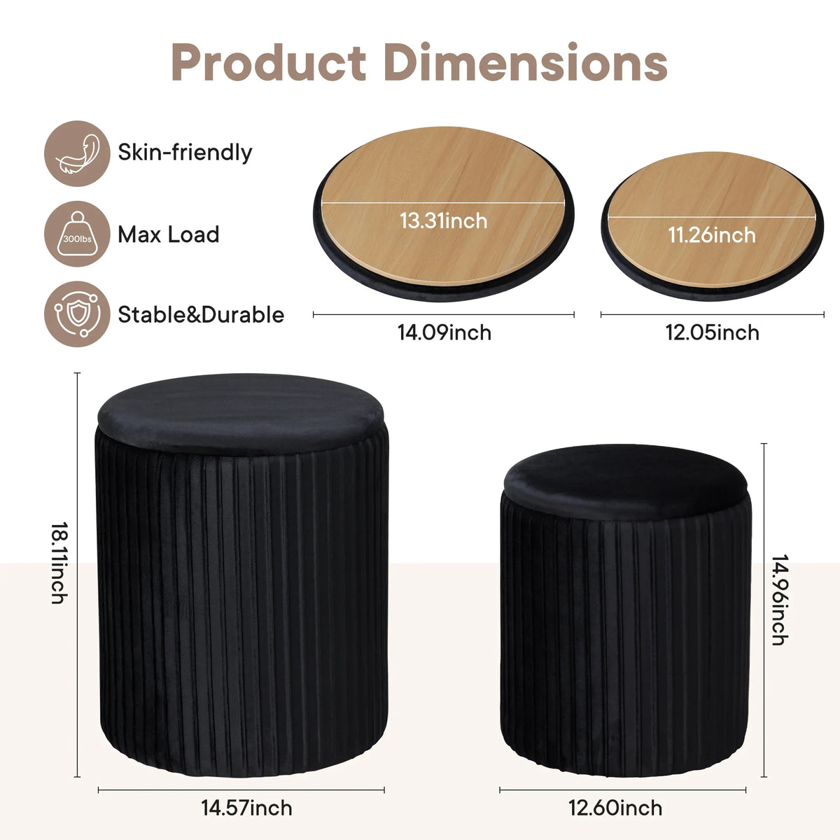Round Storage Ottoman Set of 2, Velvet Nesting Footstools with Hidden Compartments, Reversible Lids and 300 lb Support - product view 6