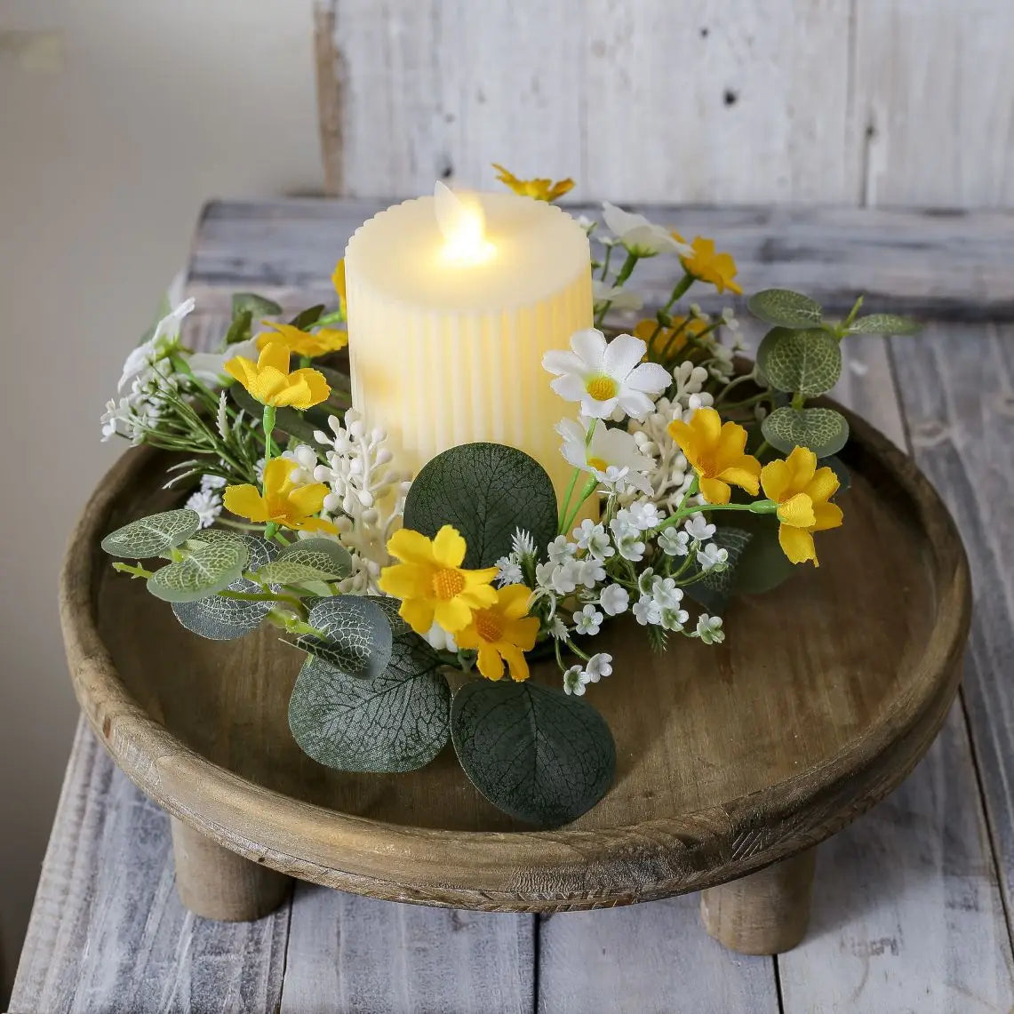 Artificial Daisy Eucalyptus Candle Ring, 25cm Plastic Mini Wreath, Yellow or White Spring Floral Garland for Home Décor - product view 6