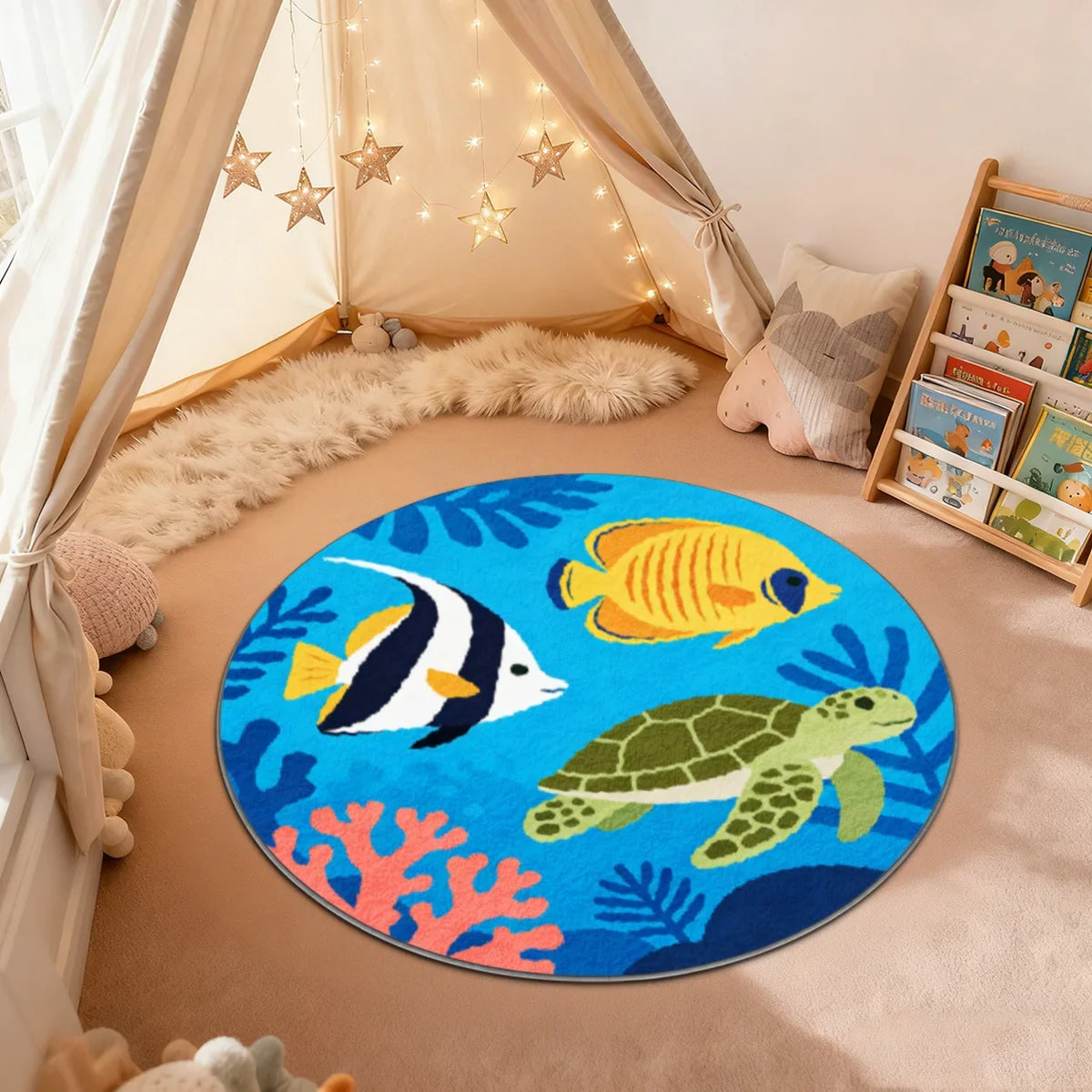 Round Kids Ocean Rug, Waterproof Printed Sea Life Playmat with Anti-Slip PVC Backing for Nursery and Playroom Floors - product view 6