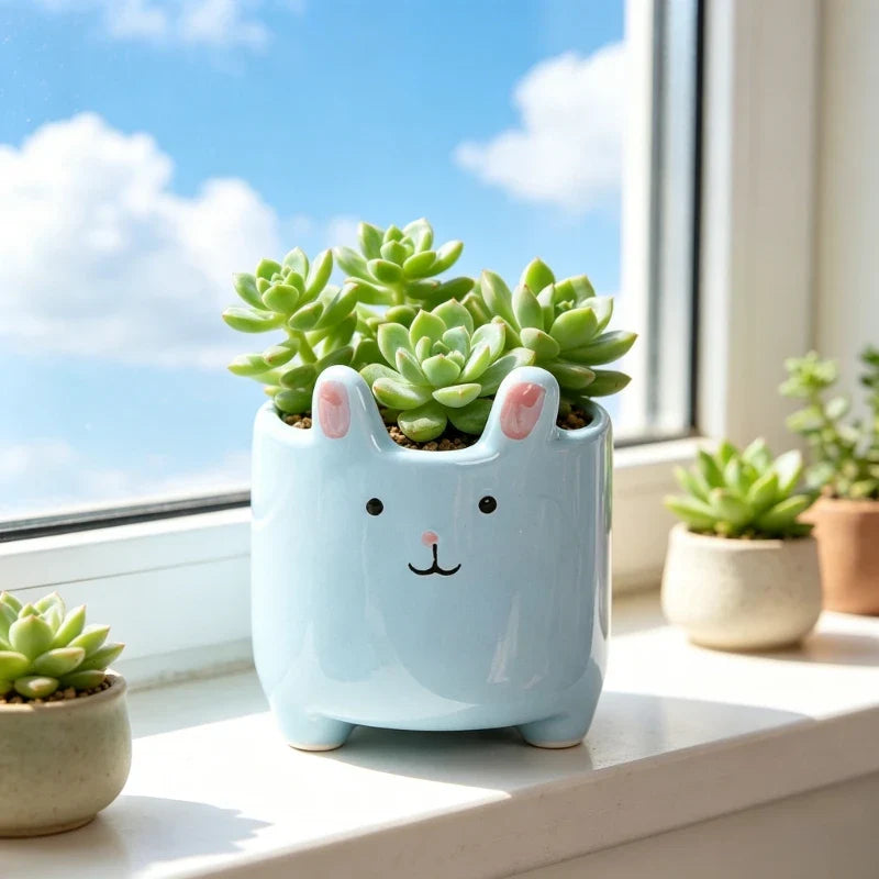 Ceramic Rabbit Planter, Glazed Porcelain Succulent Pot with Stable Feet, Desktop Décor in Blue, Yellow or White - product view 6
