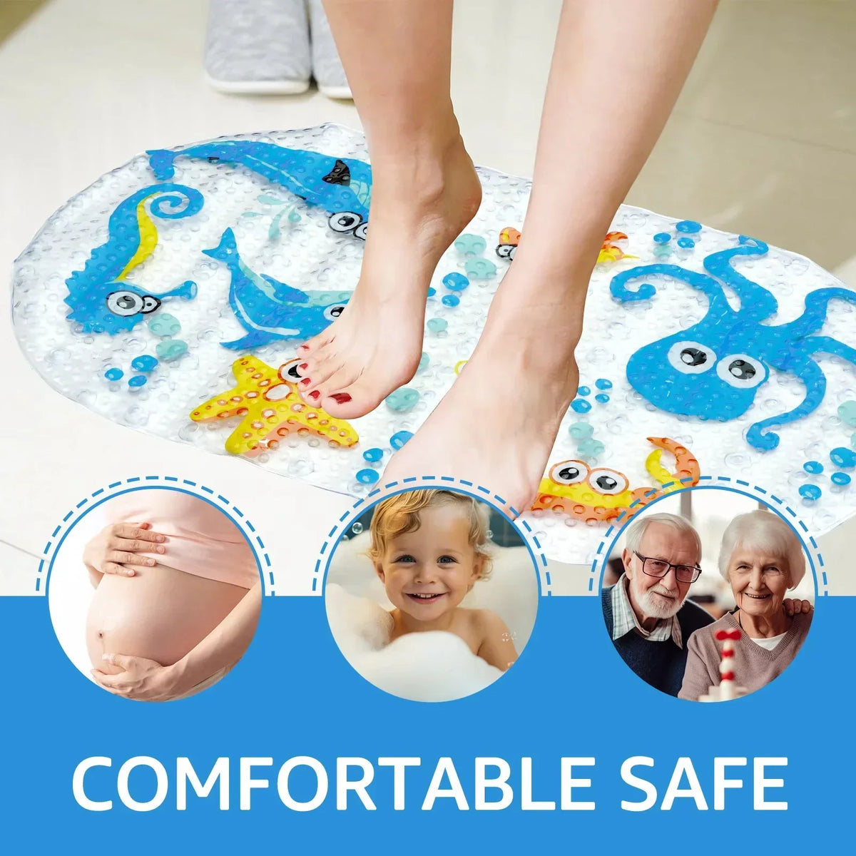 Non-Slip PVC Bath Mat with Suction Cups, 38 x 69 cm Cartoon Shower Rug, Machine Made, Octopus, Dinosaur or Zoo - product view 6