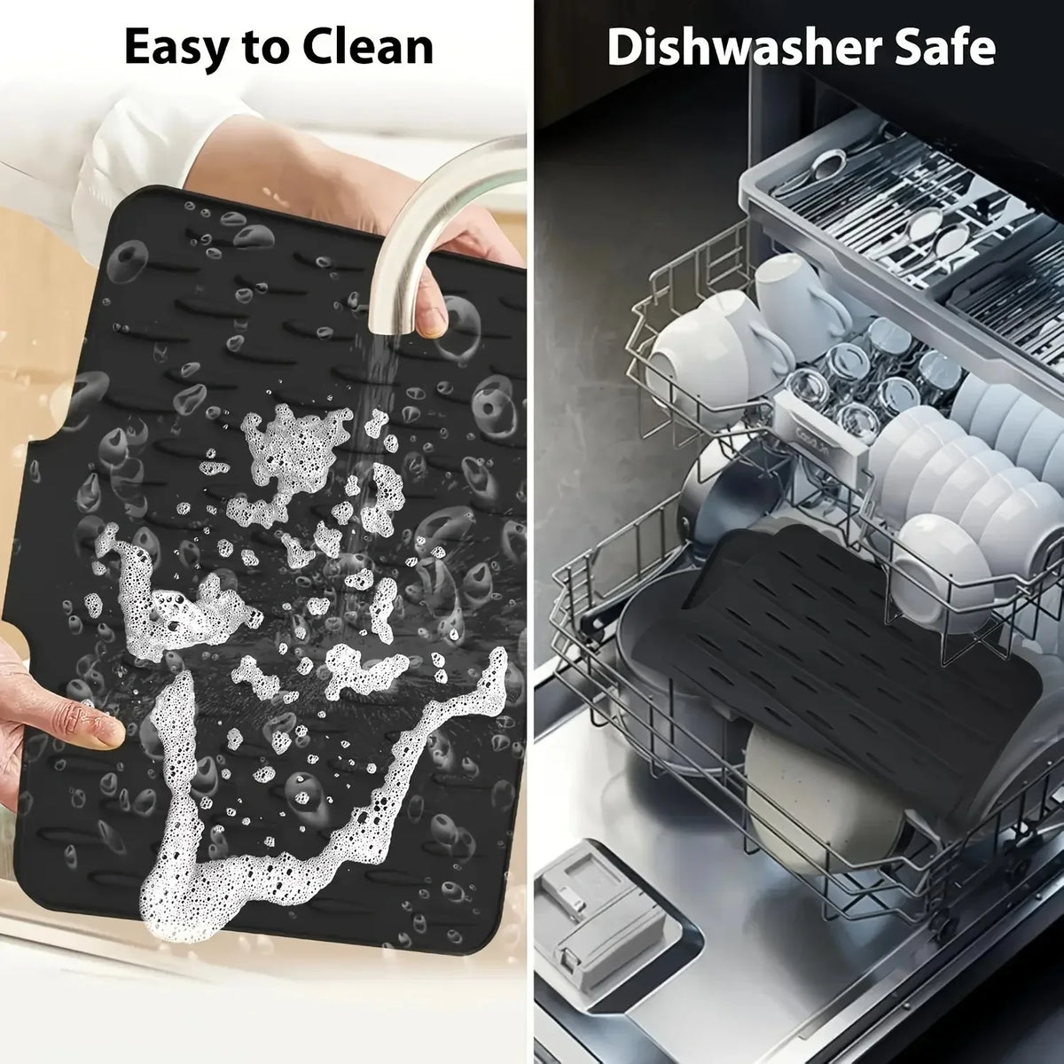 Silicone Dish Drying Mat, Large Rectangle Sink Drain Mat for Countertops, Sinks and Refrigerators, Grey or Black - product view 6