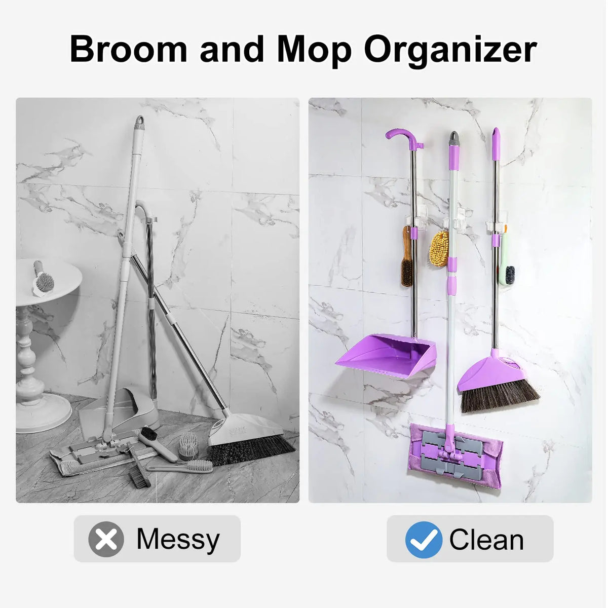 Adhesive Broom Holder, ABS Wall-Mount Mop Organizer with Hooks, 22 lb Capacity, No-Drill Installation, 1 or 2 Piece Set - product view 6