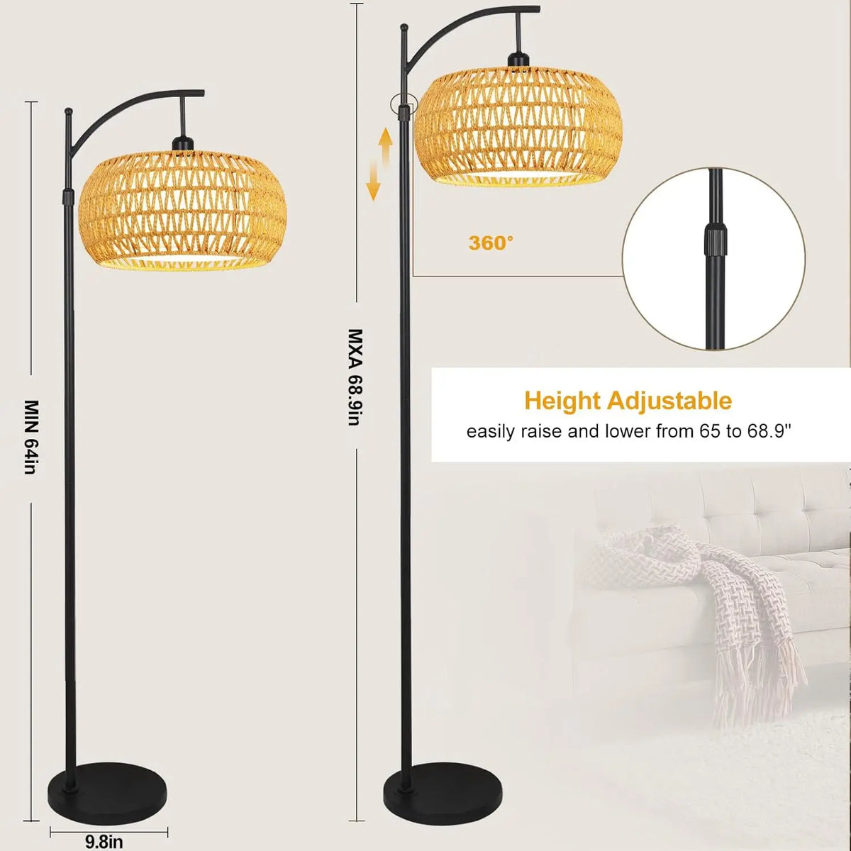Arched Rattan Floor Lamp, Remote and Footswitch, Stepless Dimming, 3 Color Temperatures, Adjustable 65–72.8 in - product view 5