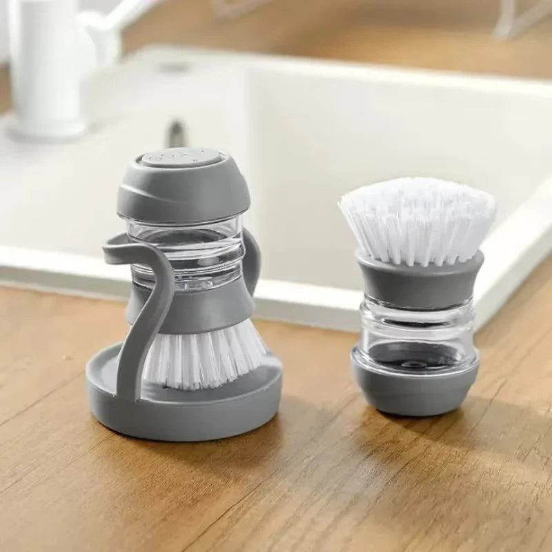Soap Dispensing Dish Brush with Holder and Drip Tray, Round Plastic Kitchen Scrubber in Green or Gray - product view 6