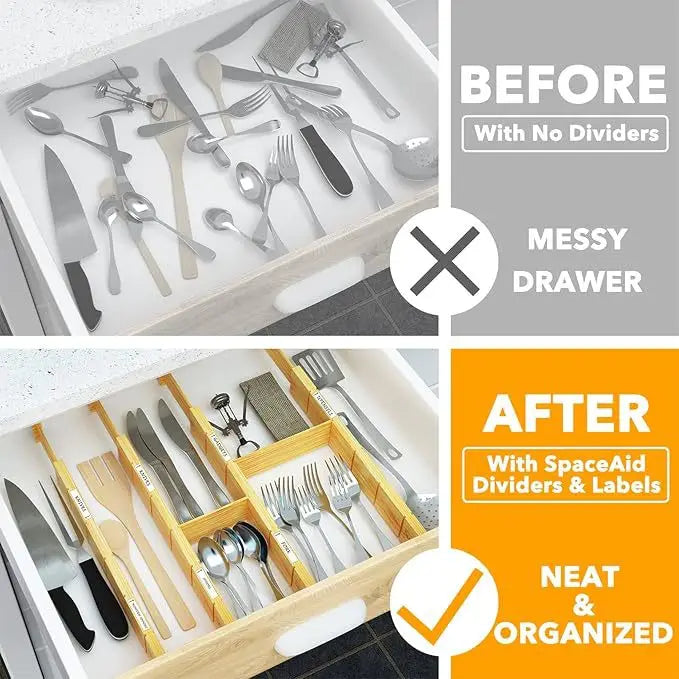 Bamboo Drawer Organizer, Adjustable Expandable Dividers with Inserts and Labels for Kitchen, Office and Home Storage - product view 6