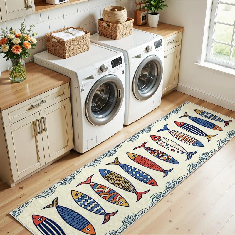 Mediterranean Fish Runner Rug, Nautical Wave Print, Machine Washable, Anti-Slip PVC Backing for Kitchen and Entryway - product view 6