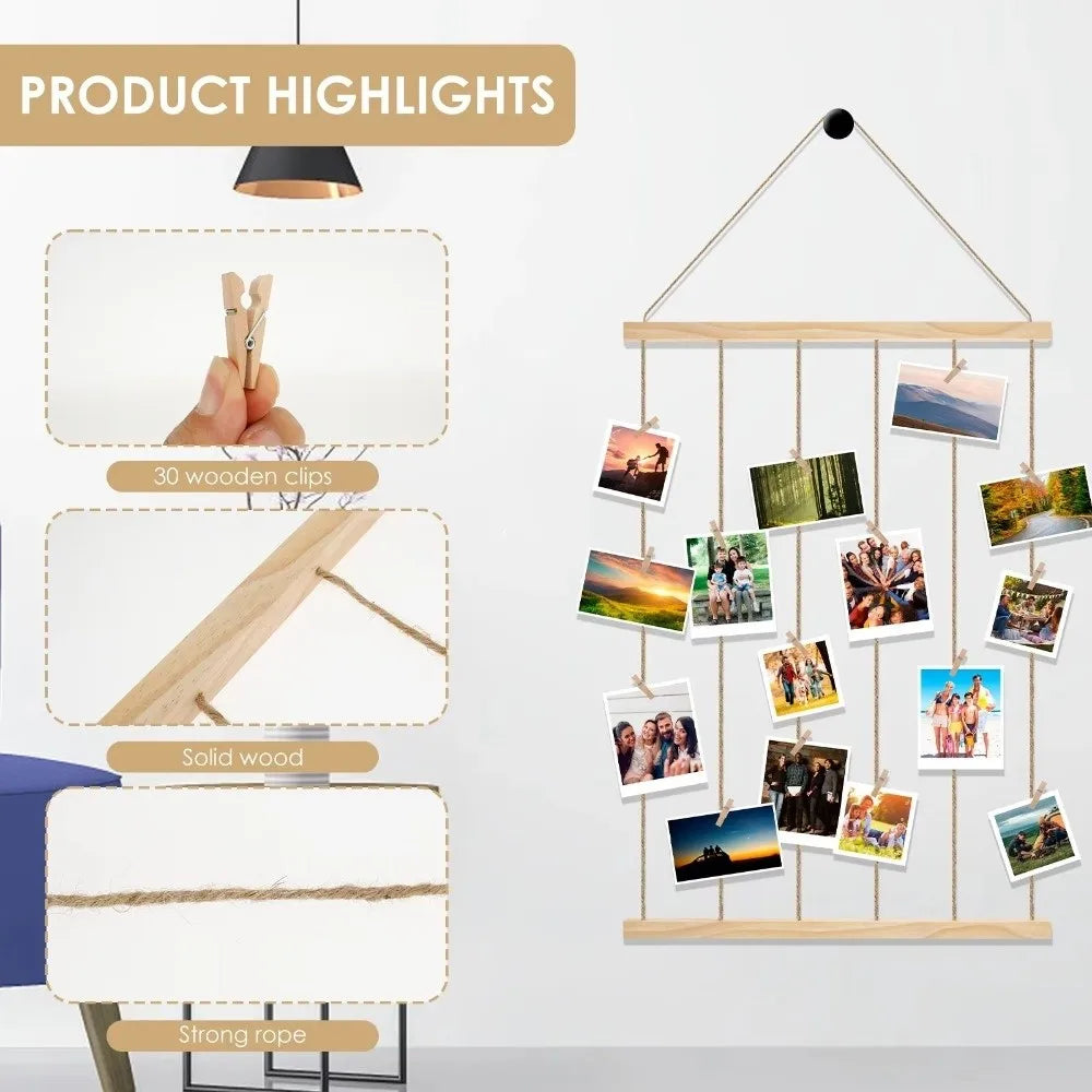 Wooden Picture Ledge Hanging Display, Adjustable Twine Photo Holder with Wood Splints, S, M or L for Wall Collage Décor - product view 6