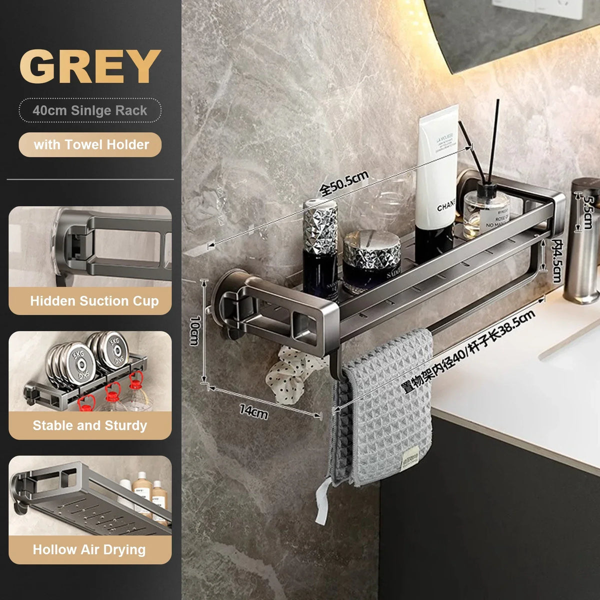Aluminum Shower Caddy, Wall-Mounted Bathroom Storage Rack in 30, 40 or 50 cm Sizes and White or Grey - product view 6