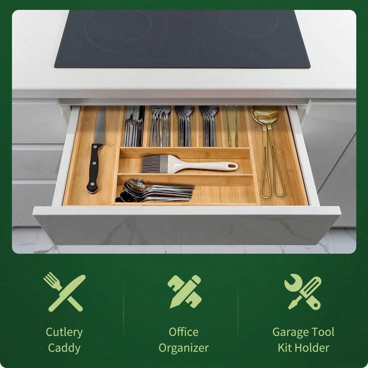 Bamboo Expandable Drawer Organizer, Adjustable 7–9 Slot Utensil Tray for Kitchen Cutlery, Silverware and Flatware Storage - product view 6
