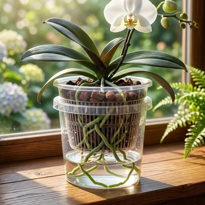 Self-Watering Orchid Planter, Clear Double-Layer Plastic Pot with Inner Mesh Root Control, 11 cm or 14 cm Sizes - product view 6