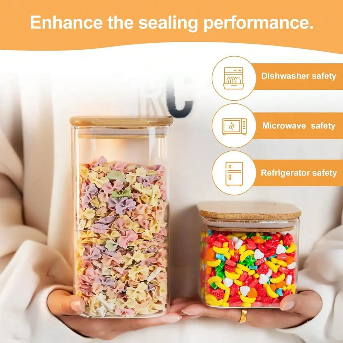 6-Pack Food Storage Jars, 37 oz Square Canisters with Airtight Bamboo Lids, Clear Stackable Pantry Containers for Pasta, Oats and Spices - product view 6
