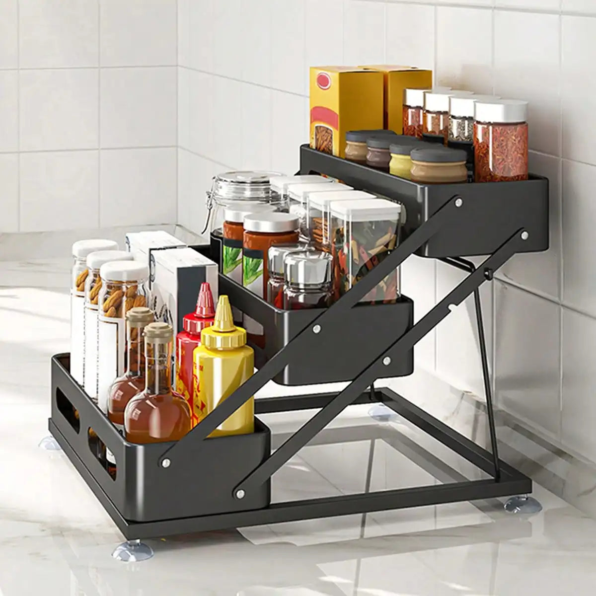 3-Tier Black Metal Spice Rack Organizer, Foldable Countertop Seasoning Shelf with Guardrails for Kitchen Cabinets and Pantry - product view 6