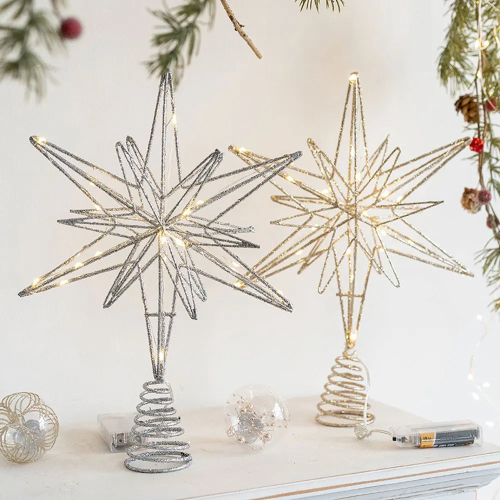 LED Christmas Star Tree Topper, Hollow-Carved Gold or Silver Battery-Powered Ornament with Circular Base for Holiday Décor - product view 6