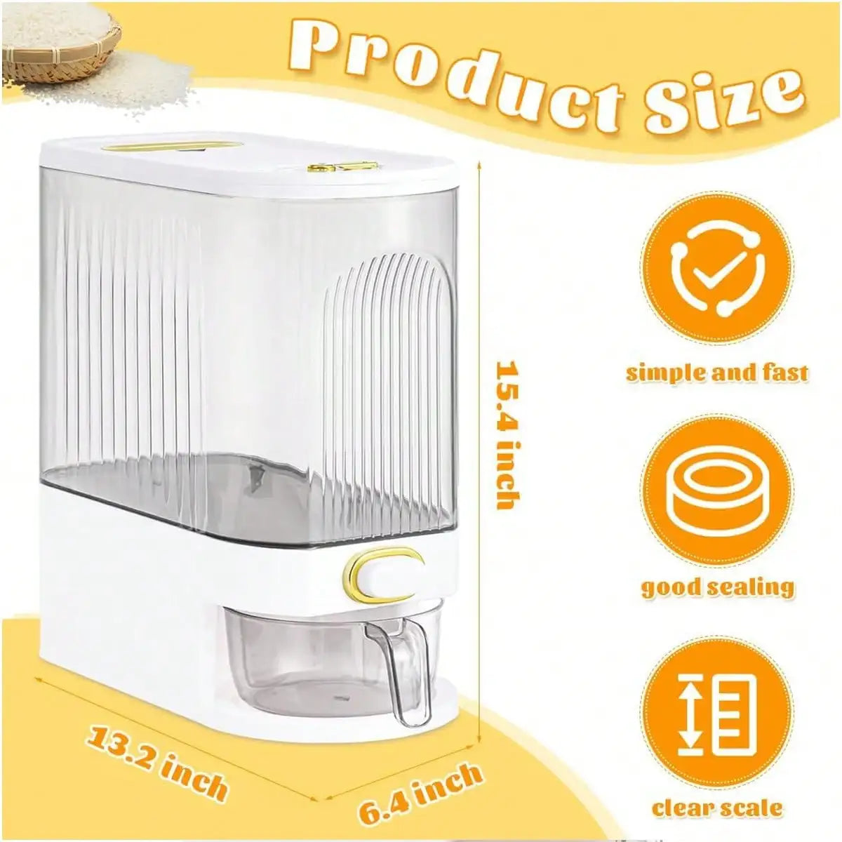 Rice Storage Container, Airtight Grain Dispenser with One-Touch Button and Measuring Cup, Acrylic Pantry Organizer - product view 6