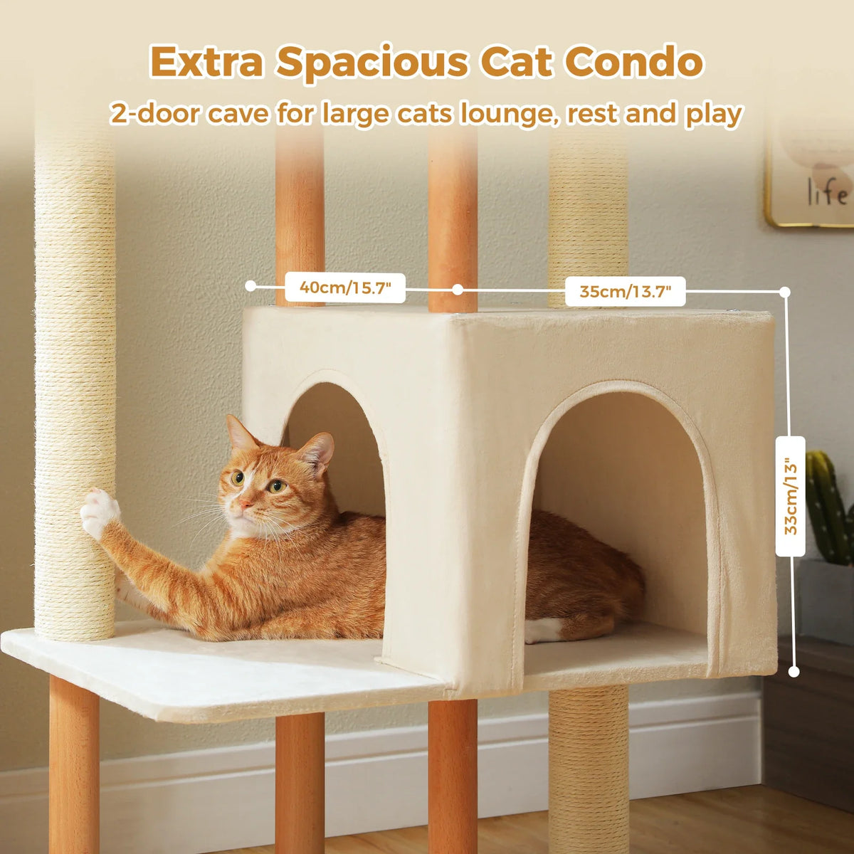 Large Wooden Cat Tree, 4-Tier Condo with Sisal Scratching Posts, Top Perch and Removable Cover for Indoor Cats - product view 6