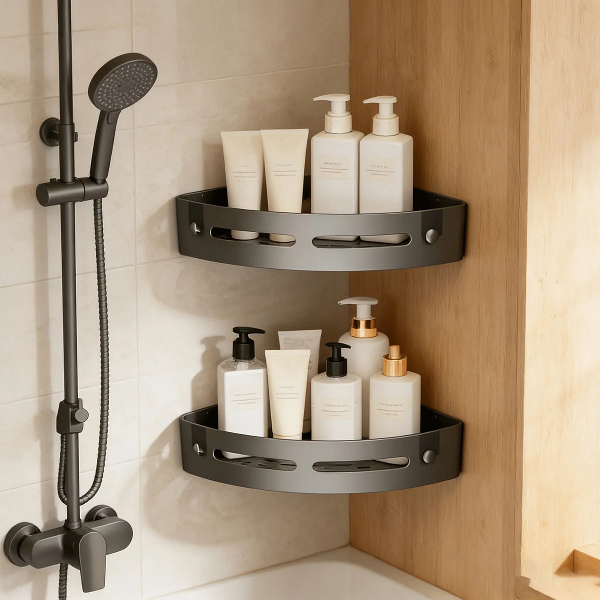2-Piece Corner Shower Shelf Set with Adhesive Patches and Double Hooks, Wall Bathroom Storage for Shampoo - product view 6