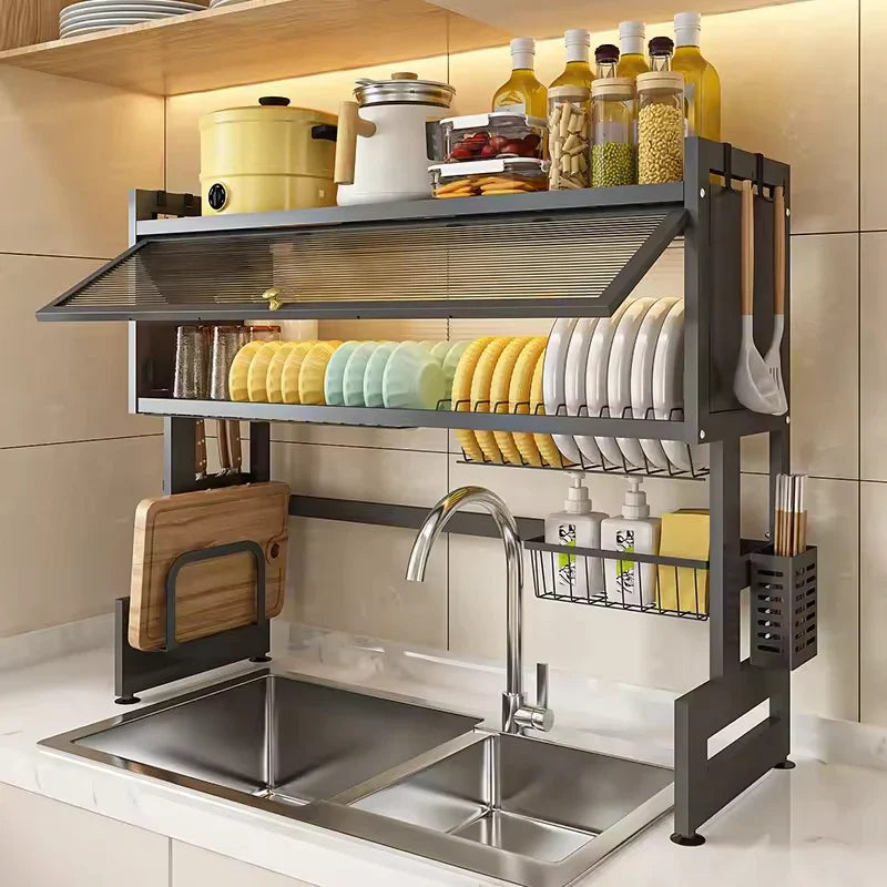 2-Tier Over-Sink Dish Drying Rack, Plastic Organizer with Door, Grey Full Set in 65 cm to 105 cm Options - product view 6
