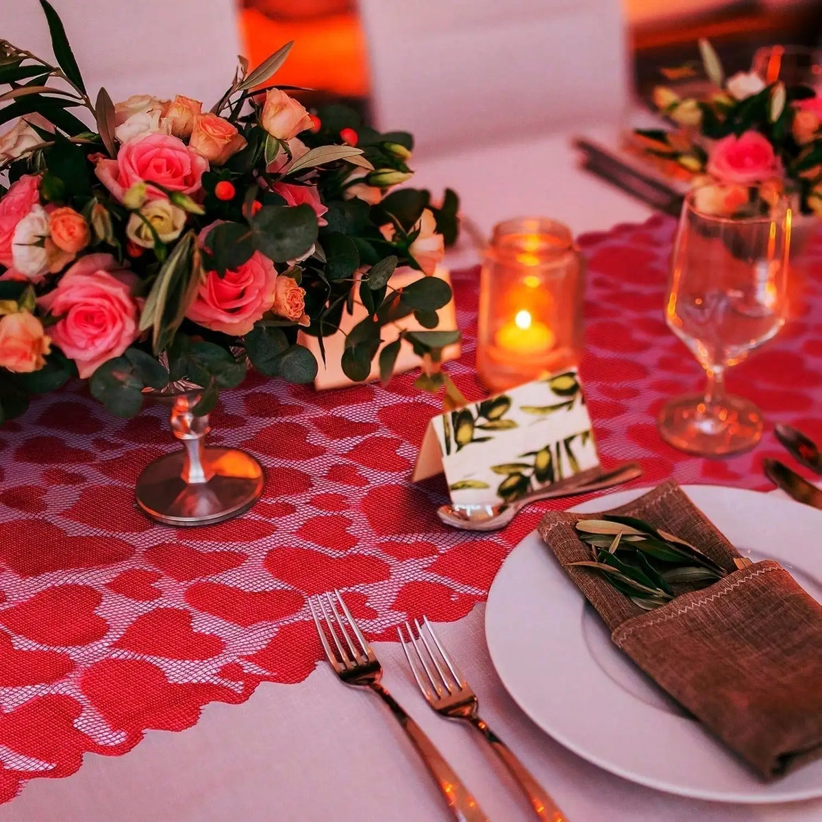 Red Heart Lace Table Runner, Printed Dining Table Decoration for Weddings, Parties and Romantic Home Kitchen Settings - product view 6
