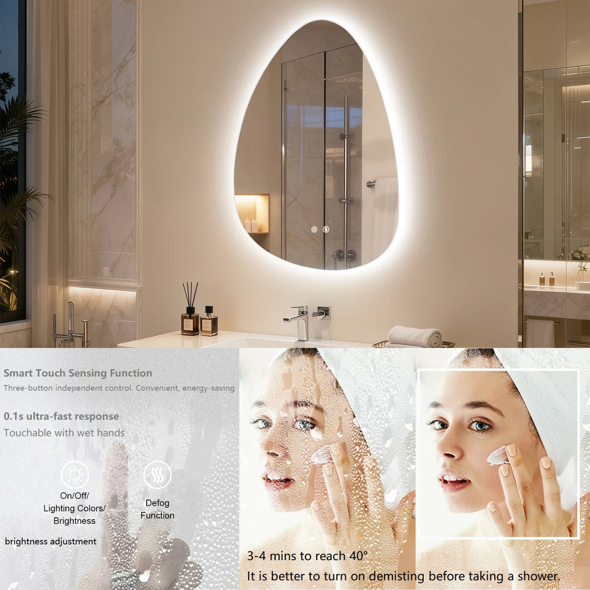 Irregular Pebble LED Bathroom Mirror, Touch Sensor, Anti-Fog, 3 Color Temperatures, IP66 Wall-Mounted Vanity Mirror - product view 6