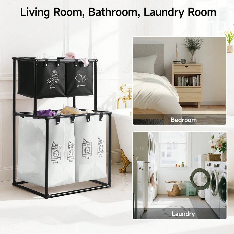 Double Laundry Basket, Collapsible 2-Tier Sorter with Two Removable Oxford Fabric Bins and Steel Frame, Black - product view 6