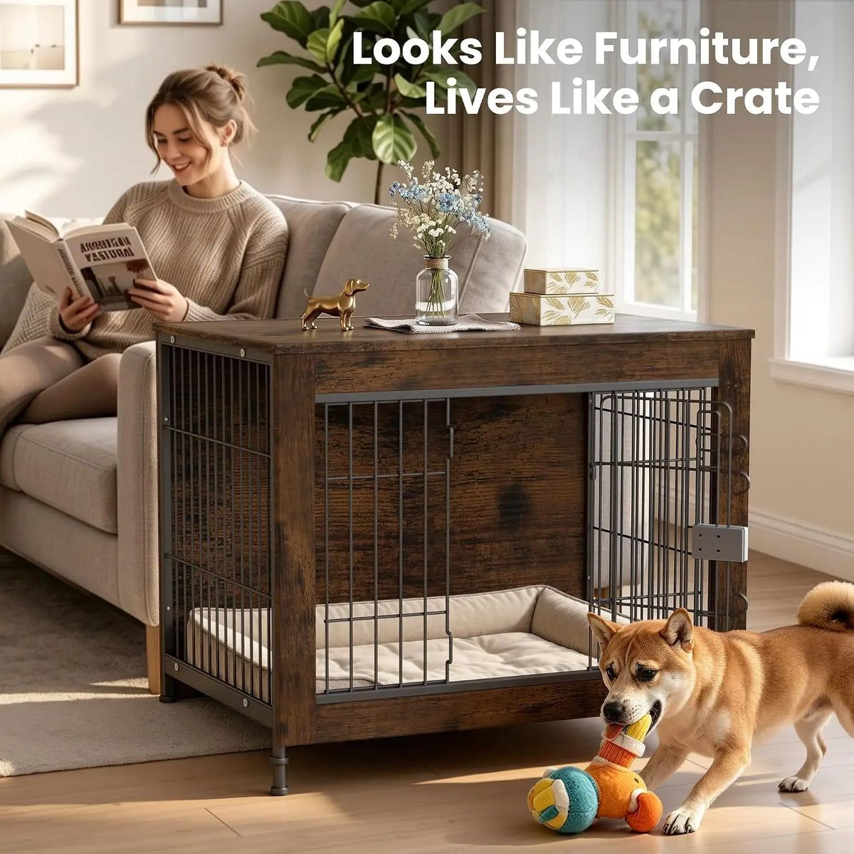 Wooden Dog Crate Furniture, Rustic Medium Dog Kennel with Paw-Safe Escape-Proof Lock, Waterproof Panels and Easy Assembly - product view 6