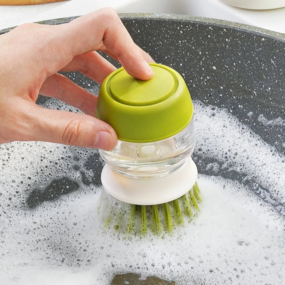 Soap Dispensing Dish Brush, Plastic Kitchen Pot Scrubber, 9.5 × 5 cm, Liquid Addition Brush in Gray or Green - product view 6