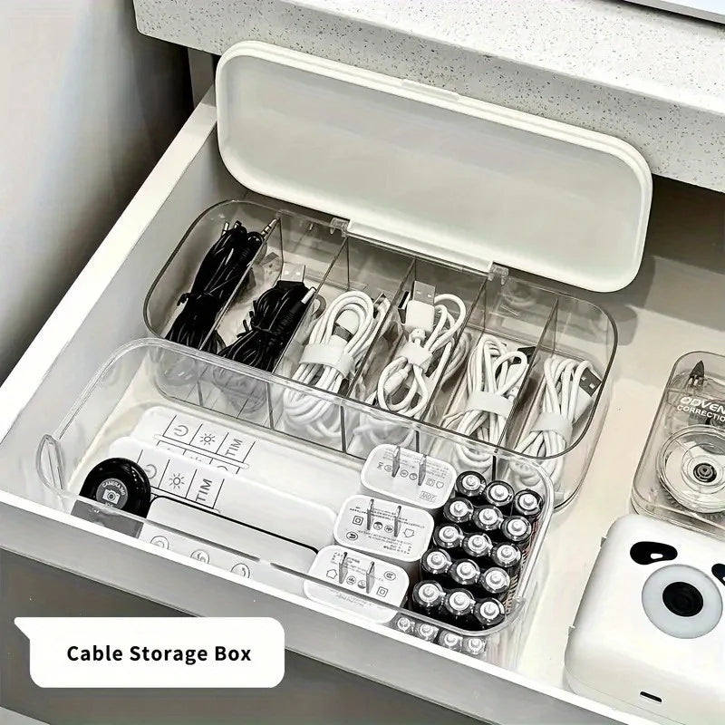 Double-Layer Cable Storage Box, Adjustable Dividers, Cord Organizer and Charger Storage for Home Office and Desk - product view 6