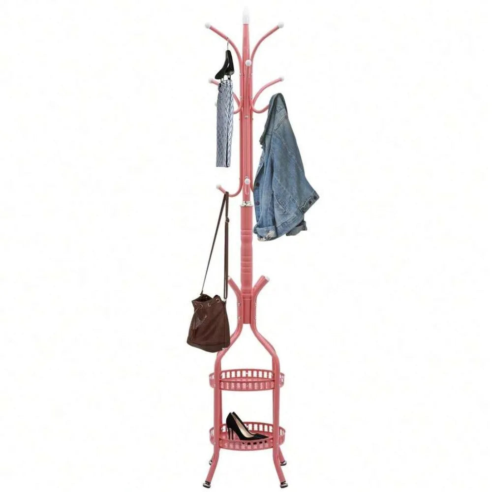 Freestanding Garment Rack, 71-Inch Plastic-Frame Coat Stand with 8 Hooks and 2 Shelves for Entryway and Bedroom - product view 6