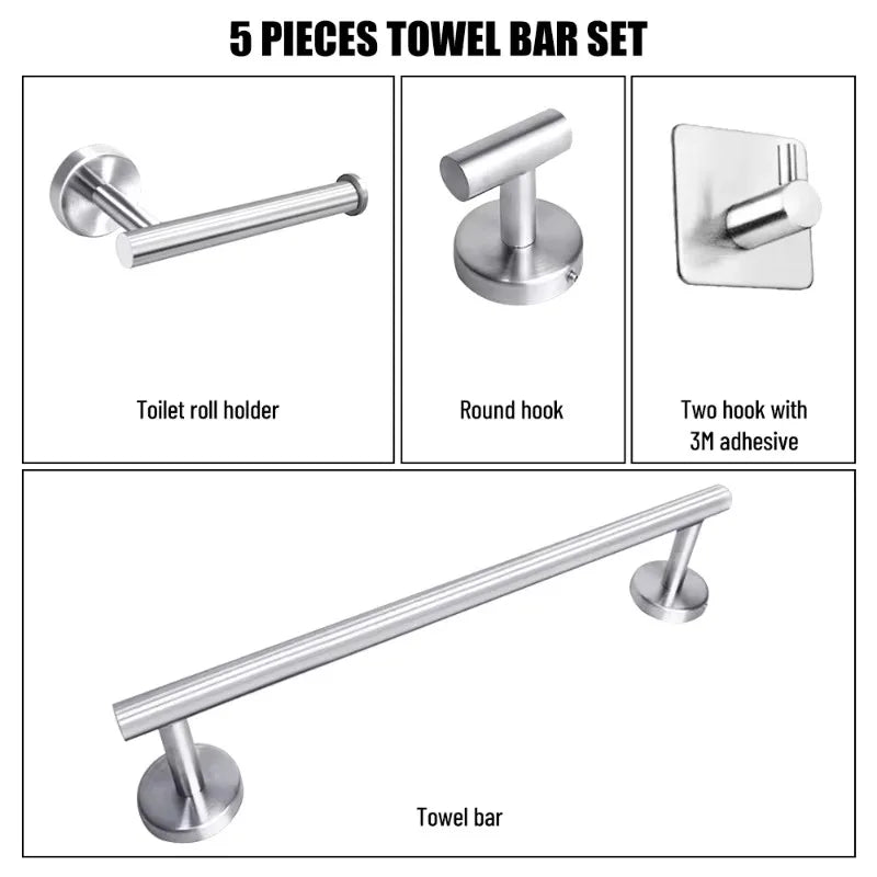 Stainless Steel Wall-Mounted Towel Bar Set, 9-Piece Bathroom Hook and Towel Holder Collection - product view 6
